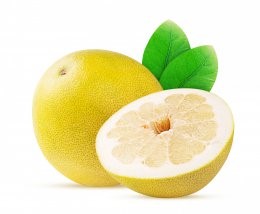 Pamela,Citrus,Fruit,One,Cut,In,Half,With,Green,Leaf